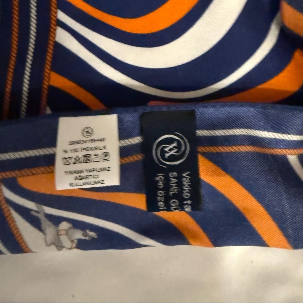 NWOT Vakko 100% Silk Abstract Swirl Print Scarf in Blue, Orange, and White - Picture 5 of 8